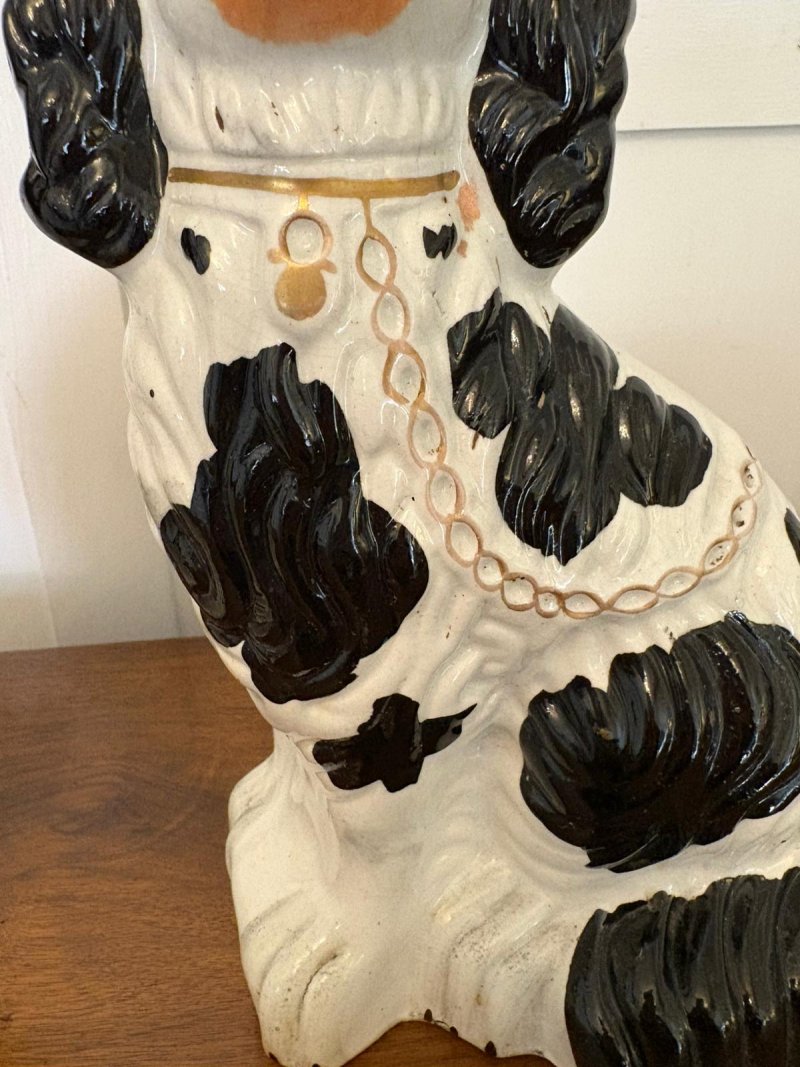 Antique Pair of Staffordshire Black & White Spaniel Dogs